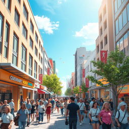 A realistic depiction of a vibrant and bustling city street, featuring modern architecture, colorful storefronts, and a diverse group of pedestrians