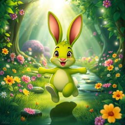 A whimsical and vibrant green rabbit hopping joyfully through a lush, enchanted forest filled with colorful flowers and sparkling sunlight filtering through the leaves