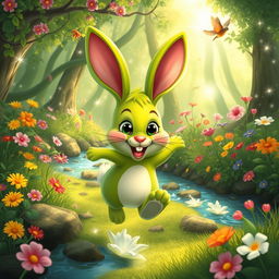 A whimsical and vibrant green rabbit hopping joyfully through a lush, enchanted forest filled with colorful flowers and sparkling sunlight filtering through the leaves