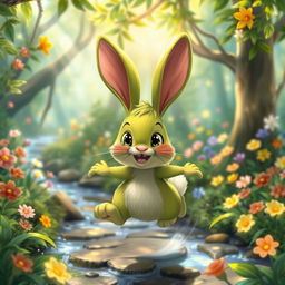 A whimsical and vibrant green rabbit hopping joyfully through a lush, enchanted forest filled with colorful flowers and sparkling sunlight filtering through the leaves