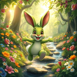 A whimsical and vibrant green rabbit hopping joyfully through a lush, enchanted forest filled with colorful flowers and sparkling sunlight filtering through the leaves