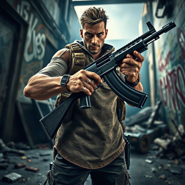 A character gripping an AK47 with confidence, showcasing a blend of strength and determination