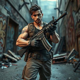 A character gripping an AK47 with confidence, showcasing a blend of strength and determination