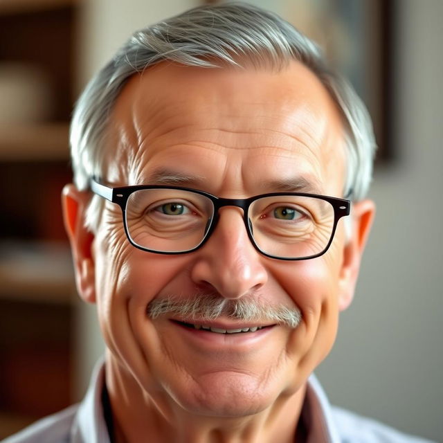 A portrait of a 60-year-old man with a merciful expression, featuring a little gray hair and a round face