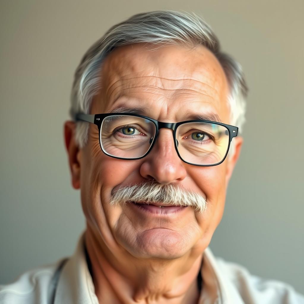 A portrait of a 60-year-old man with a merciful expression, featuring a little gray hair and a round face