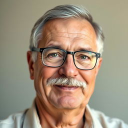 A portrait of a 60-year-old man with a merciful expression, featuring a little gray hair and a round face