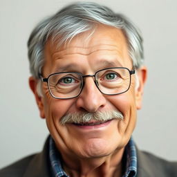A portrait of a 60-year-old man with a merciful expression, featuring a little gray hair and a round face