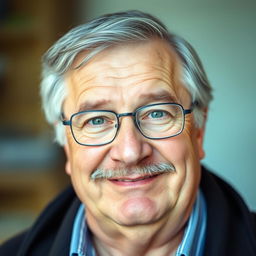 A portrait of a 60-year-old man with a merciful expression, featuring a little gray hair and a round face