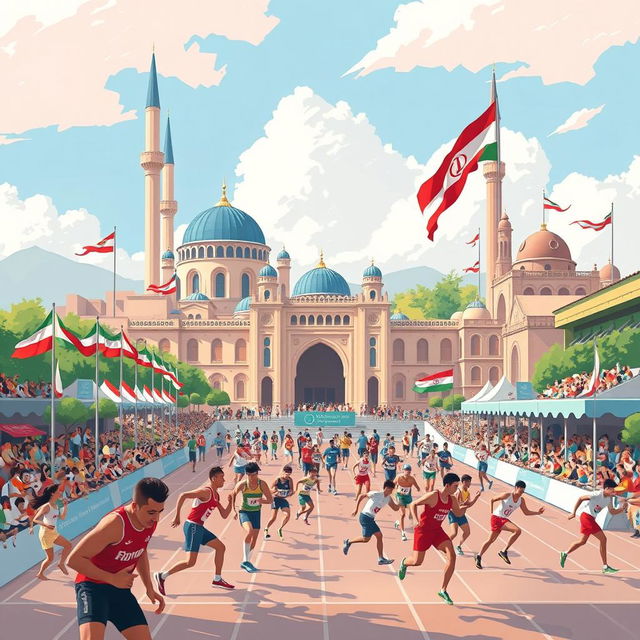 A stunning illustration depicting the Olympic Games hosted in Tabriz, showcasing athletes from various disciplines competing in front of iconic Tabriz landmarks such as the Blue Mosque and the historic Tabriz Bazaar