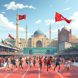 A stunning illustration depicting the Olympic Games hosted in Tabriz, showcasing athletes from various disciplines competing in front of iconic Tabriz landmarks such as the Blue Mosque and the historic Tabriz Bazaar