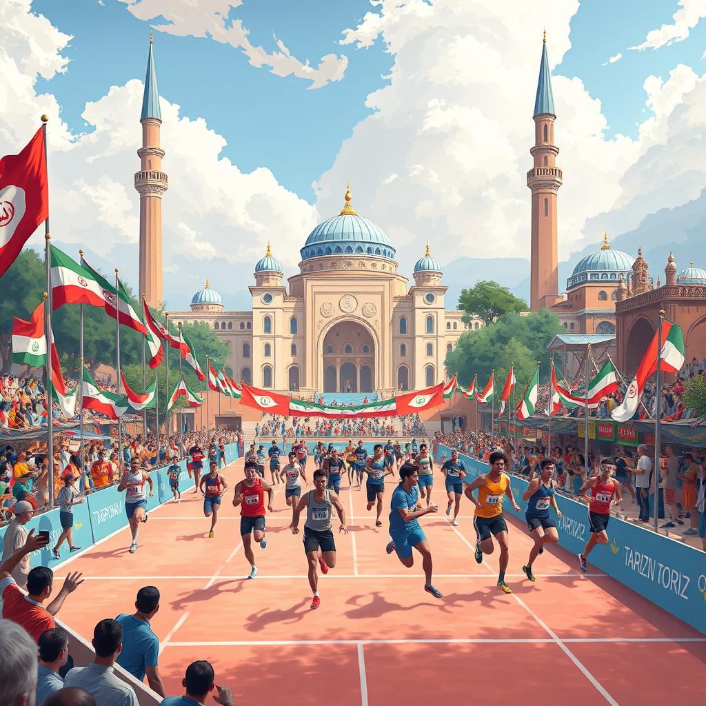 A stunning illustration depicting the Olympic Games hosted in Tabriz, showcasing athletes from various disciplines competing in front of iconic Tabriz landmarks such as the Blue Mosque and the historic Tabriz Bazaar