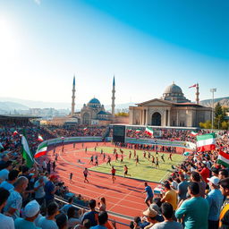 A vibrant and dynamic depiction of the Olympic Games taking place in Tabriz, Iran
