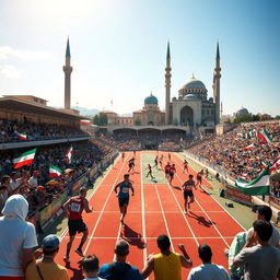 A vibrant and dynamic depiction of the Olympic Games taking place in Tabriz, Iran
