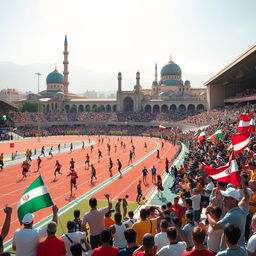 A vibrant and dynamic depiction of the Olympic Games taking place in Tabriz, Iran
