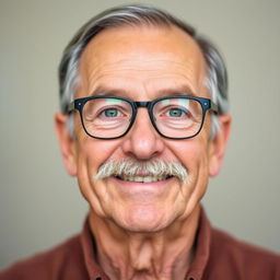A portrait of a kind-hearted elderly man, around 60 years old, with a distinct mustache and a touch of gray in his hair