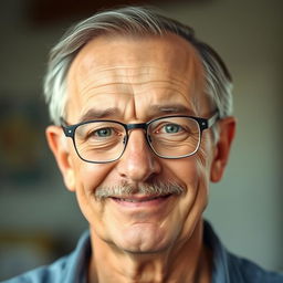 A portrait of a kind-hearted elderly man, around 60 years old, with a distinct mustache and a touch of gray in his hair