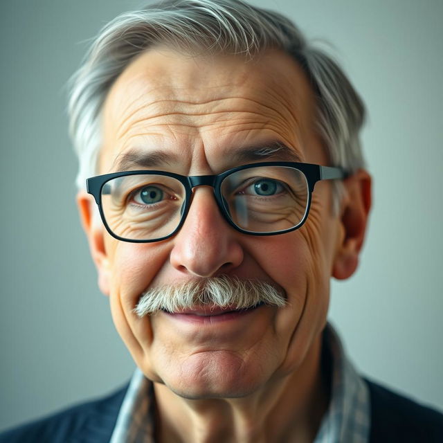 A portrait of a kind-hearted elderly man, around 60 years old, with a distinct mustache and a touch of gray in his hair