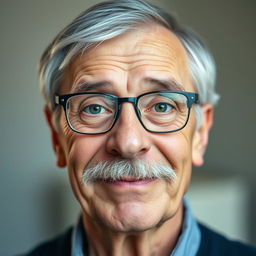 A portrait of a kind-hearted elderly man, around 60 years old, with a distinct mustache and a touch of gray in his hair