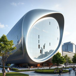 A striking, modern building shaped like a dent or indentation, showcasing fluid architectural lines and a futuristic design