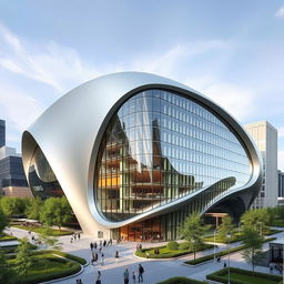 A striking, modern building shaped like a dent or indentation, showcasing fluid architectural lines and a futuristic design