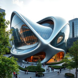 A striking, modern building shaped like a dent or indentation, showcasing fluid architectural lines and a futuristic design