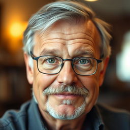 A 60-year-old man with a merciful expression, featuring a little gray hair on the sides and a full mustache