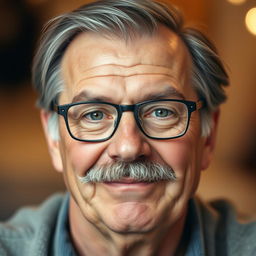 A 60-year-old man with a merciful expression, featuring a little gray hair on the sides and a full mustache