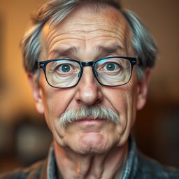 A 60-year-old man with a merciful expression, featuring a little gray hair on the sides and a full mustache