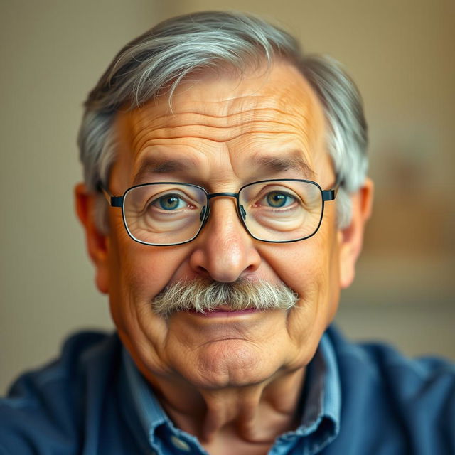 A 60-year-old man with a merciful expression, featuring a little gray hair on the sides and a full mustache