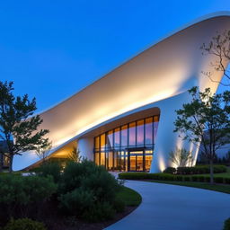 A unique and modern architectural building designed in the shape of a dent or indentation, featuring sleek lines and a futuristic aesthetic