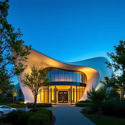 A unique and modern architectural building designed in the shape of a dent or indentation, featuring sleek lines and a futuristic aesthetic