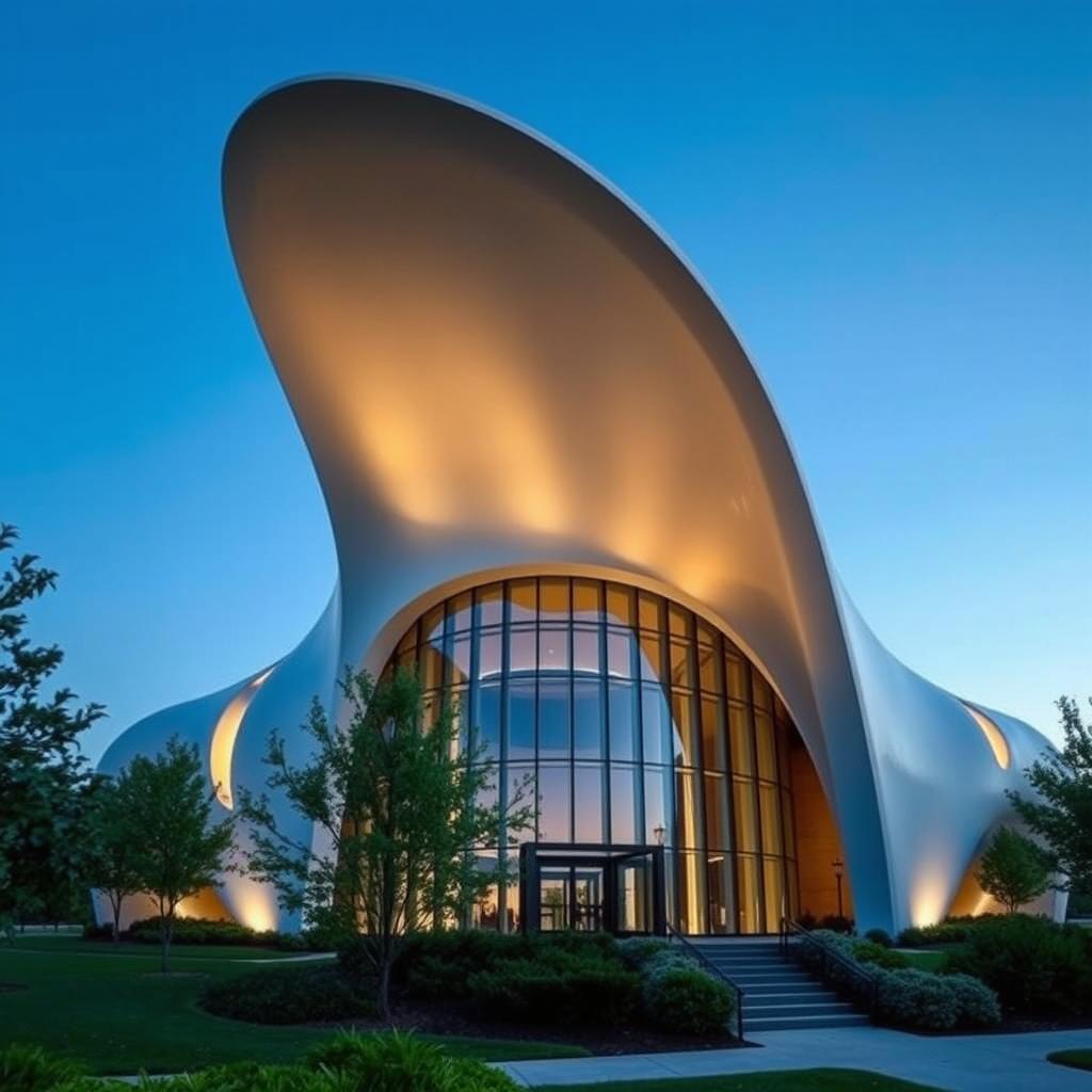 A unique and modern architectural building designed in the shape of a dent or indentation, featuring sleek lines and a futuristic aesthetic