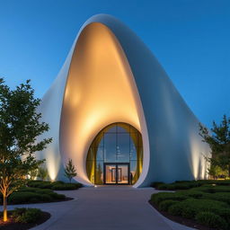 A unique and modern architectural building designed in the shape of a dent or indentation, featuring sleek lines and a futuristic aesthetic