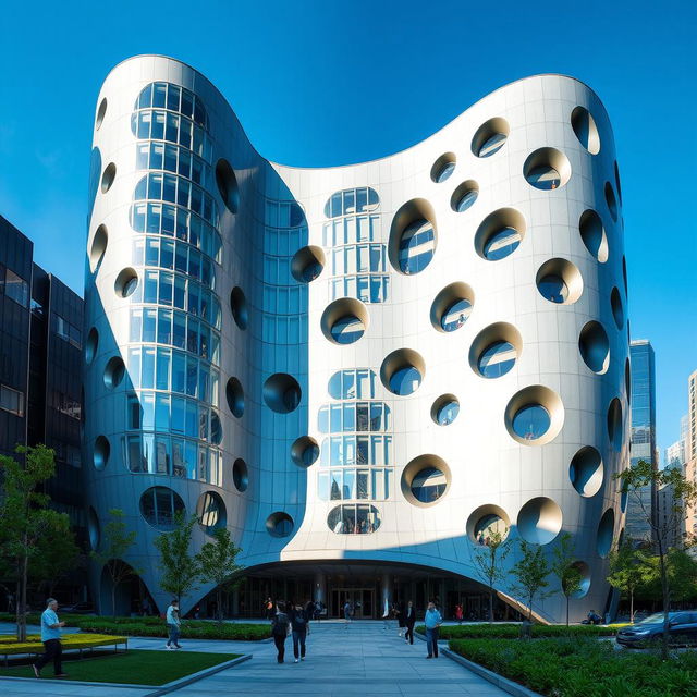 A striking and modern architectural design of a dented building, featuring interesting curves and angles