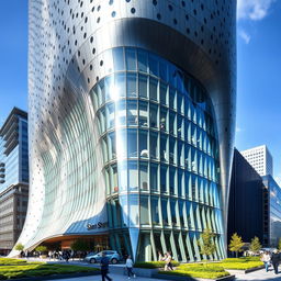 A striking and modern architectural design of a dented building, featuring interesting curves and angles