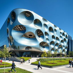 A striking and modern architectural design of a dented building, featuring interesting curves and angles