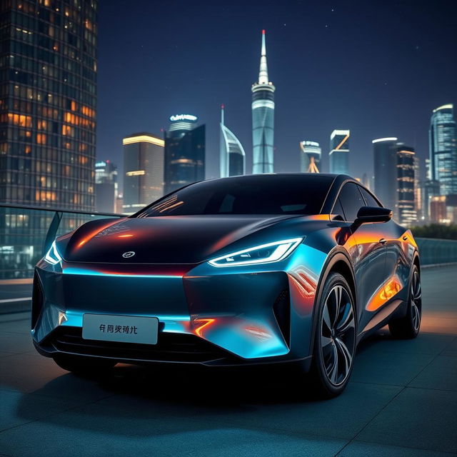 A modern Chinese electric car, sleek design with smooth curves and futuristic lines, showcasing a vibrant metallic finish, parked in a modern city environment