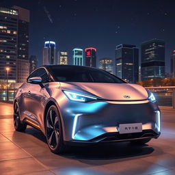 A modern Chinese electric car, sleek design with smooth curves and futuristic lines, showcasing a vibrant metallic finish, parked in a modern city environment