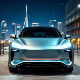 A modern Chinese electric car, sleek design with smooth curves and futuristic lines, showcasing a vibrant metallic finish, parked in a modern city environment