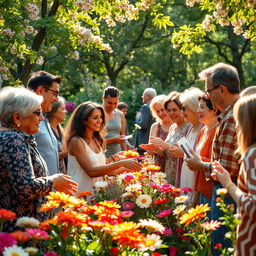 A beautiful and heartfelt scene of gratitude, depicting a diverse group of people expressing thanks and appreciation to each other