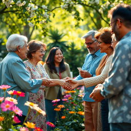 A beautiful and heartfelt scene of gratitude, depicting a diverse group of people expressing thanks and appreciation to each other