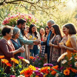 A beautiful and heartfelt scene of gratitude, depicting a diverse group of people expressing thanks and appreciation to each other