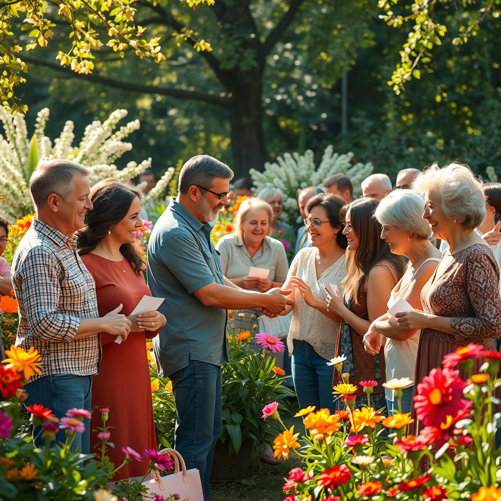 A beautiful and heartfelt scene of gratitude, depicting a diverse group of people expressing thanks and appreciation to each other