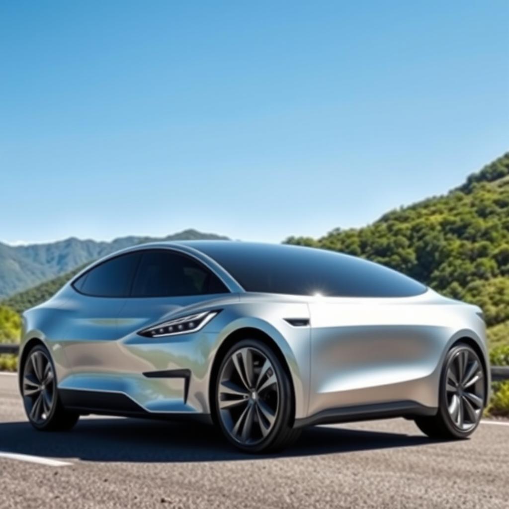 A modern Chinese electric car resembling a Tesla, featuring a sleek aerodynamic design, smooth curves, an elegant silver metallic finish, futuristic LED headlights, and large alloy wheels