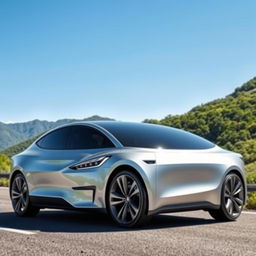 A modern Chinese electric car resembling a Tesla, featuring a sleek aerodynamic design, smooth curves, an elegant silver metallic finish, futuristic LED headlights, and large alloy wheels