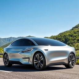 A modern Chinese electric car resembling a Tesla, featuring a sleek aerodynamic design, smooth curves, an elegant silver metallic finish, futuristic LED headlights, and large alloy wheels