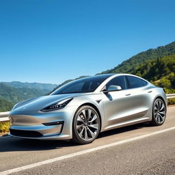 A modern Chinese electric car resembling a Tesla, featuring a sleek aerodynamic design, smooth curves, an elegant silver metallic finish, futuristic LED headlights, and large alloy wheels