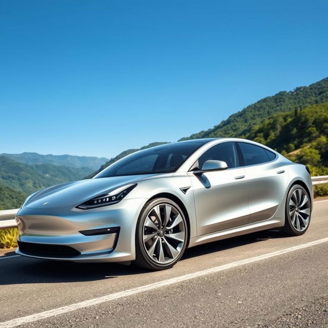 A modern Chinese electric car resembling a Tesla, featuring a sleek aerodynamic design, smooth curves, an elegant silver metallic finish, futuristic LED headlights, and large alloy wheels