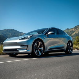 A modern Chinese electric car resembling a Tesla, featuring a sleek aerodynamic design, smooth curves, an elegant silver metallic finish, futuristic LED headlights, and large alloy wheels
