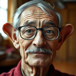 A kind elderly man, about 60 years old, with a merciful expression and a slightly round face